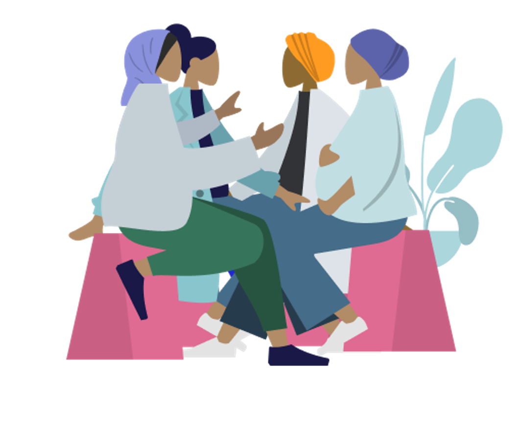 Illustration of four women sitting in a circle and talking to each other
