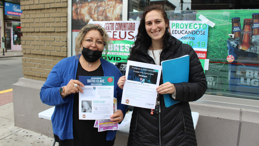 Tatiana Ron (in blue sweater), community health worker for Centro Comunitario CEUS, with Valerie Pineiro of the N.J. Partnership for Maternal and Child Health of Northern New Jersey.